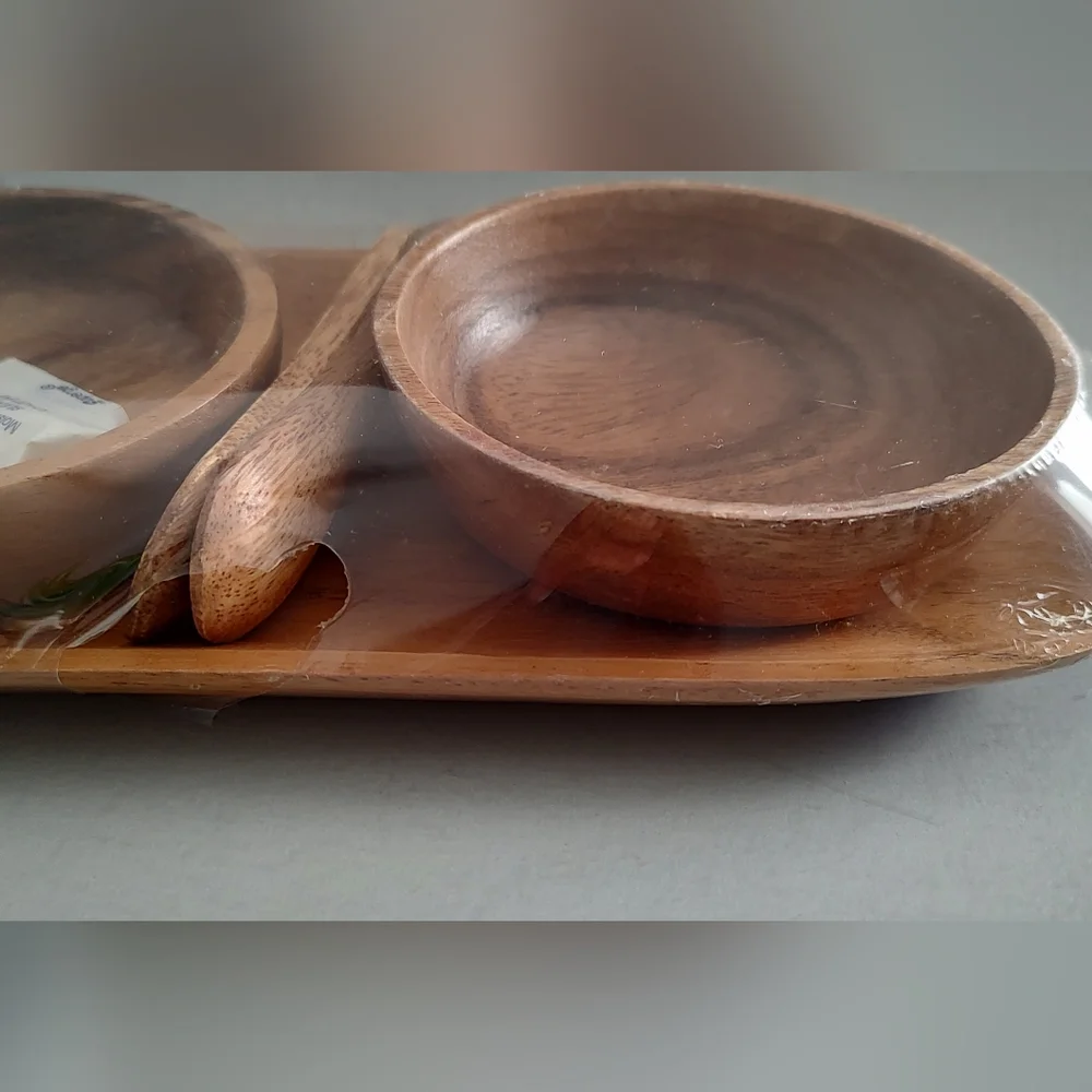 Wood Tray With Spoons  Condiments Server Platter Style  3 Containers  New